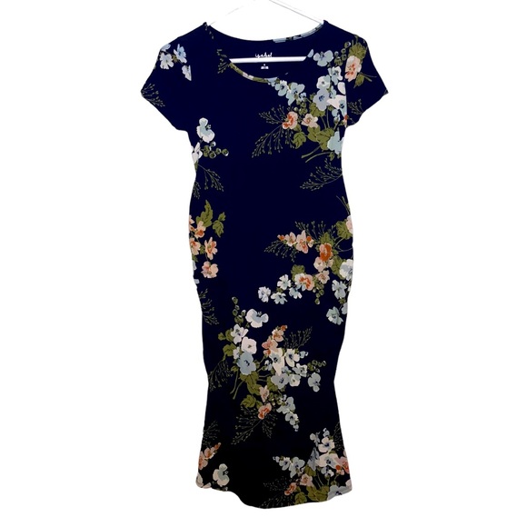 Women’s Isabel Maternity Blue Floral Short Sleeve Midi Stretchy Dress. Size S. - Picture 1 of 6